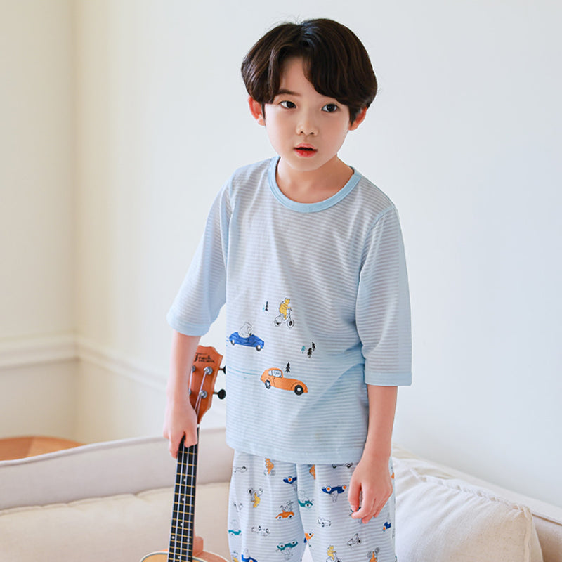 Kids Summer Short Shirt Cotton Cool Mesh Pajamas Set Car Racing 120