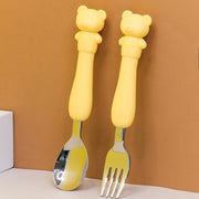 Soft Silicone Handle Stainless Steel Spoon & Fork Set (3+ Years Old)
