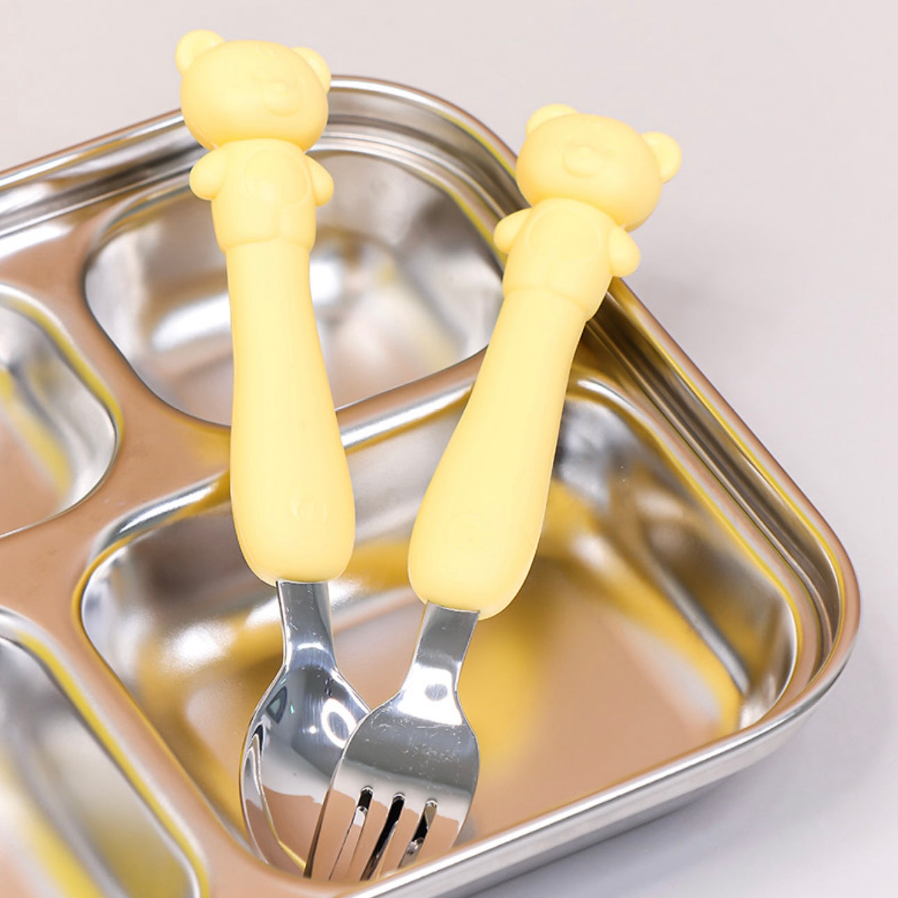 Soft Silicone Handle Stainless Steel Spoon & Fork Set (3+ Years Old)