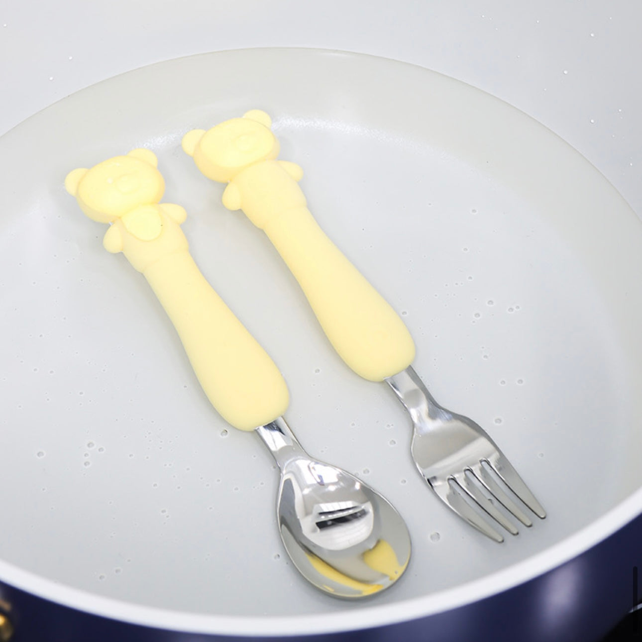 Soft Silicone Handle Stainless Steel Spoon & Fork Set (3+ Years Old)