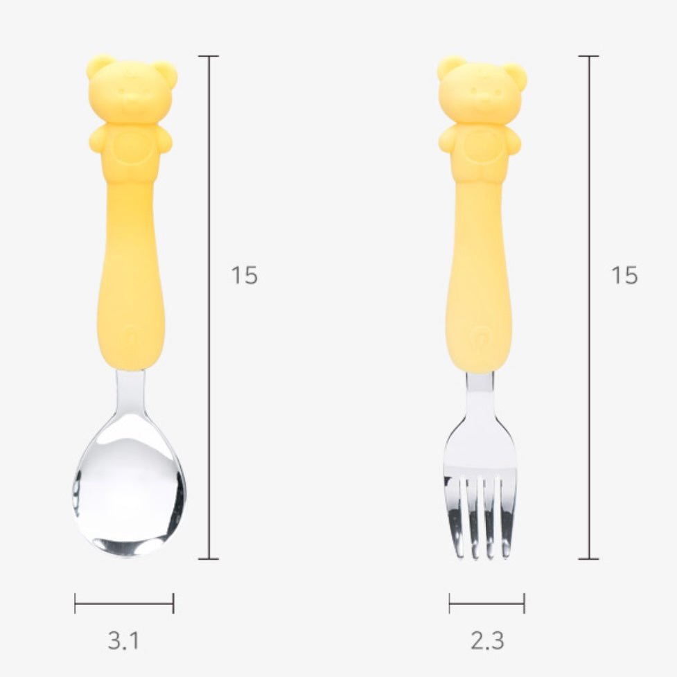 Soft Silicone Handle Stainless Steel Spoon & Fork Set (3+ Years Old)