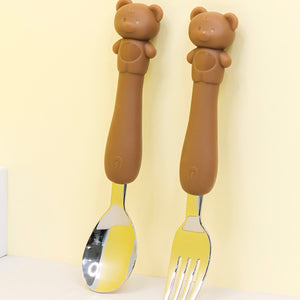 Soft Silicone Handle Stainless Steel Spoon & Fork Set (3+ Years Old)