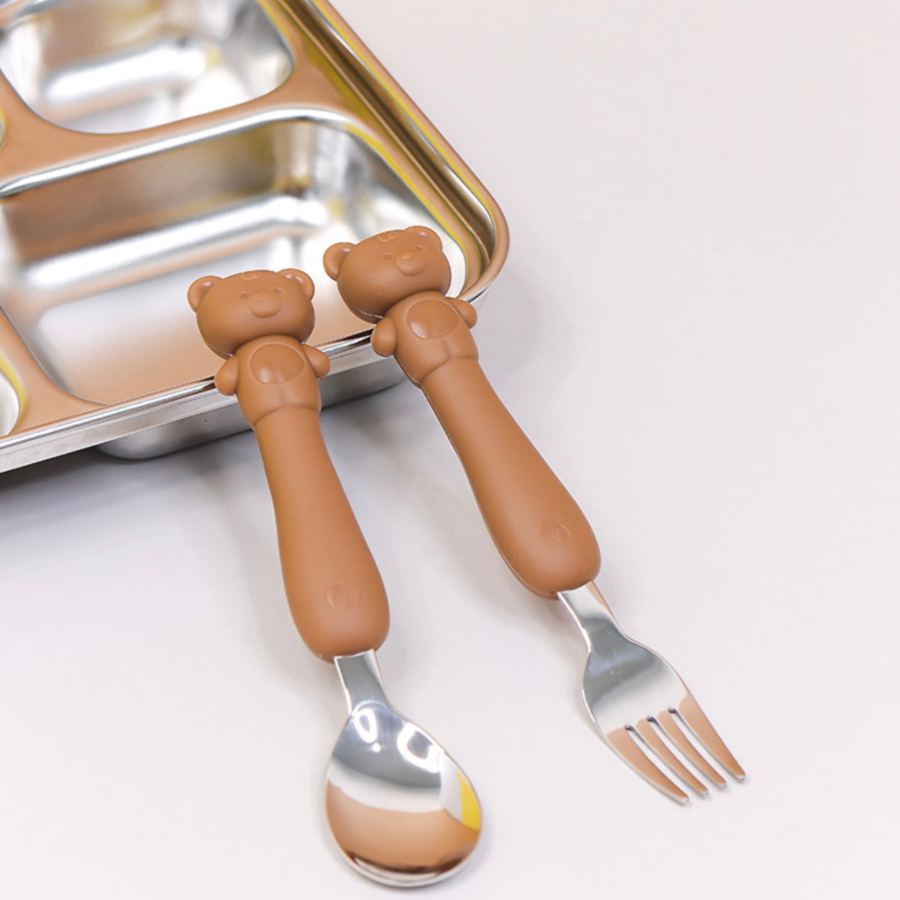 Soft Silicone Handle Stainless Steel Spoon & Fork Set (3+ Years Old)