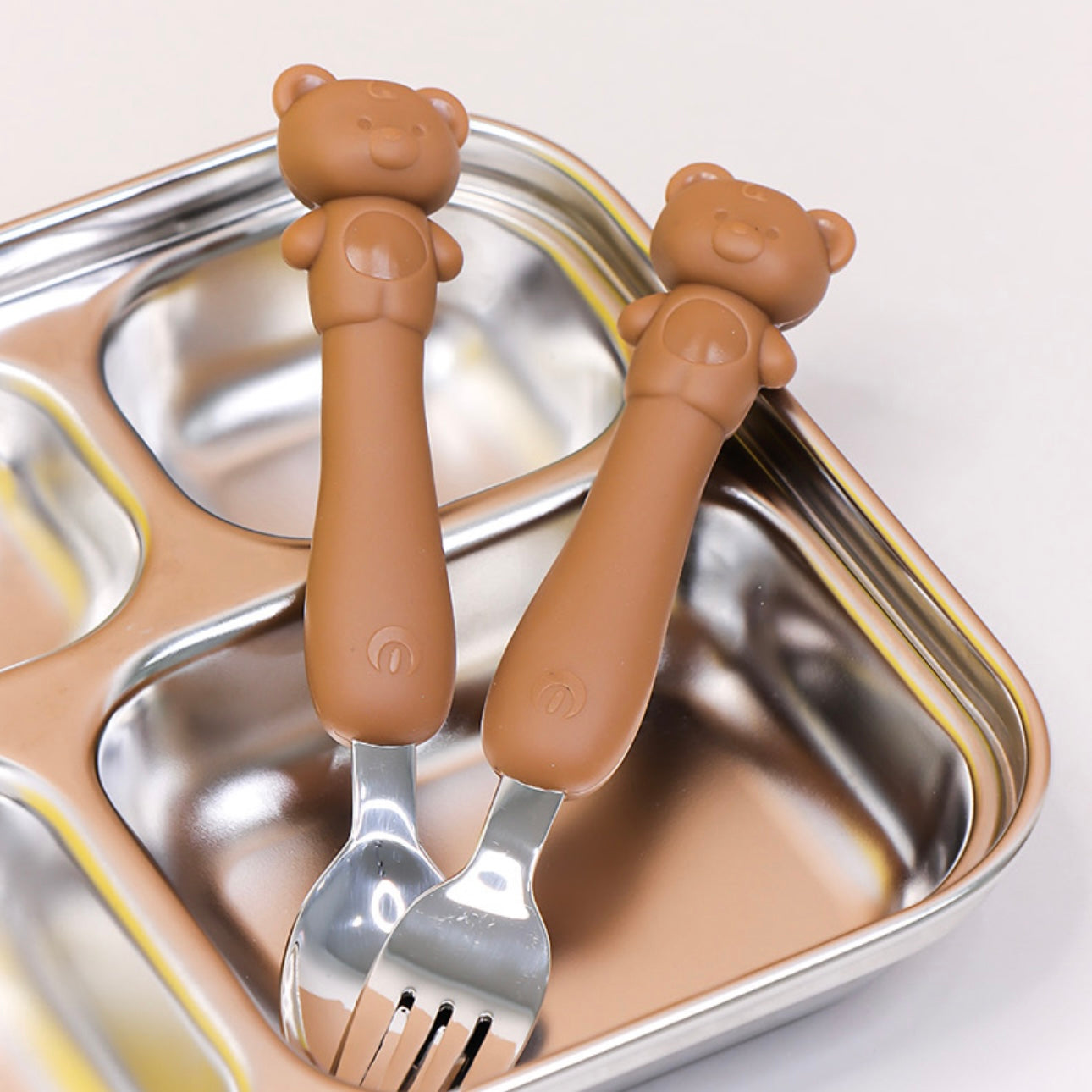 Soft Silicone Handle Stainless Steel Spoon & Fork Set (3+ Years Old)