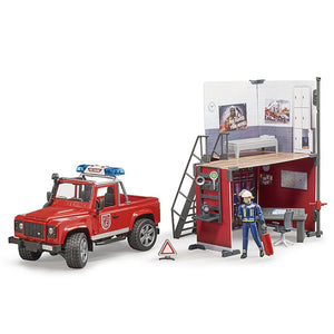 Bruder 62701 Bworld Fire Station w/ Land Rover Defender and Fireman