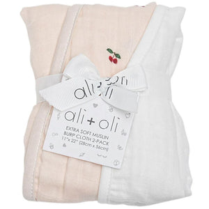 Ali and Oli Bamboo Muslin Burp Cloth 2-Pack (Cherry/White)