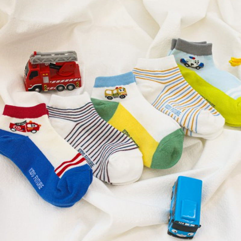 Korean Kids Construction Vehicle Ankle Socks 5-Pair Set