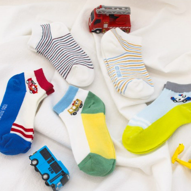 Korean Kids Construction Vehicle Ankle Socks 5-Pair Set