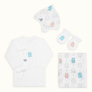 Korean Dori Cloud Newborn Gift Set (Baby Hat, Kimono Top, Mittens, and Swaddle Blanket)