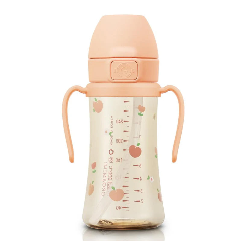 Grosmimi PPSU Straw Cup with Flip Top - 10oz (300ml) Stage 2 Straw - Coral Flower