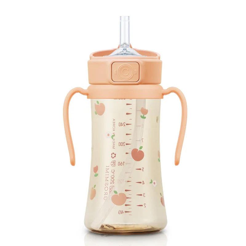 Grosmimi PPSU Straw Cup with Flip Top - 10oz (300ml) Stage 2 Straw - Coral Flower