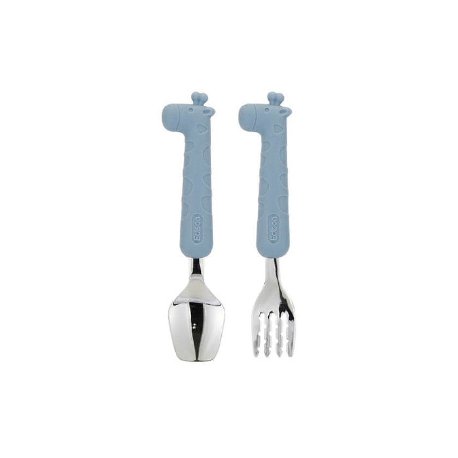 Edison Silicone Handle Stainless Steel Spoon Fork Set with Case -Animals (2+ Years Old)