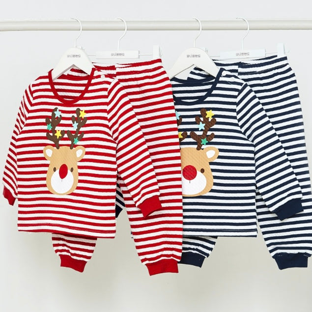 Thermal Korean Kids Pajamas Set-Rudolph-Navy