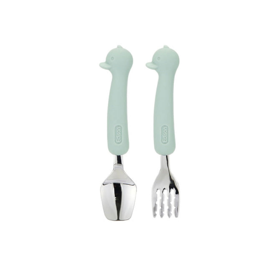 Edison Silicone Handle Stainless Steel Spoon Fork Set with Case -Animals (2+ Years Old)