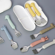 Edison Silicone Handle Stainless Steel Spoon Fork Set with Case -Animals (2+ Years Old)