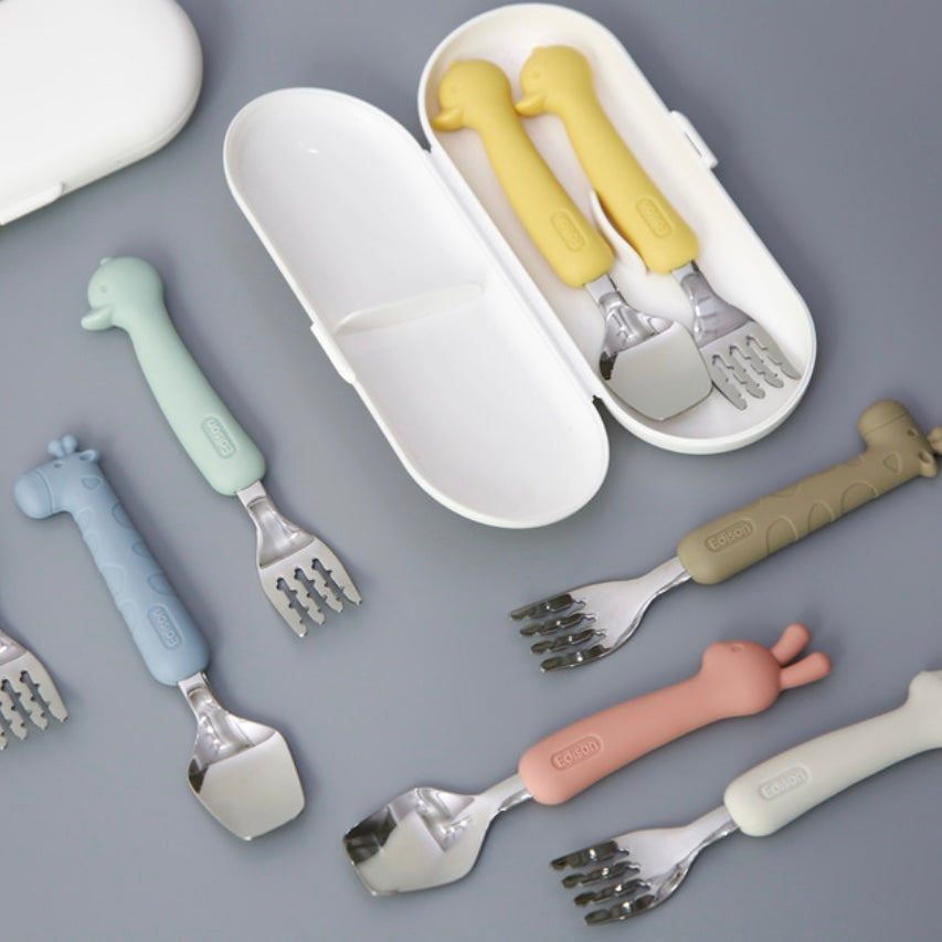 Edison Silicone Handle Stainless Steel Spoon Fork Set with Case -Animals (2+ Years Old)