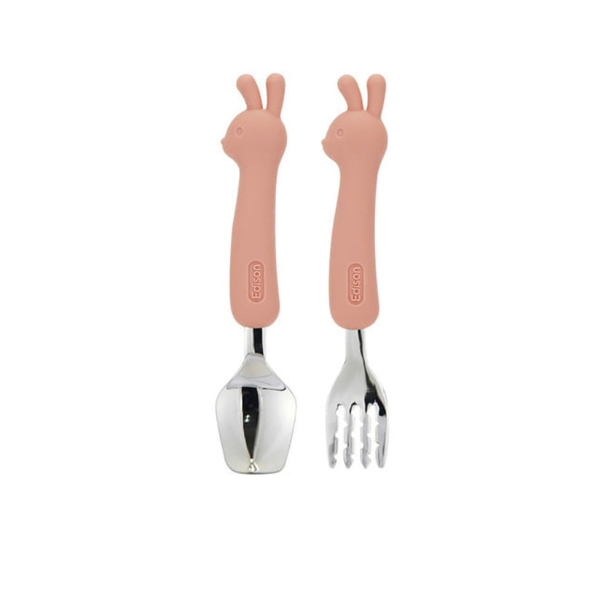 Edison Silicone Handle Stainless Steel Spoon Fork Set with Case -Animals (2+ Years Old)