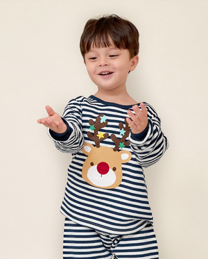 Thermal Korean Kids Pajamas Set-Rudolph-Navy