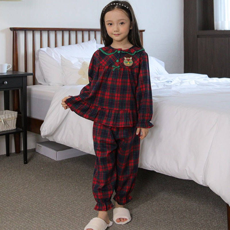 Korean Girl's Christmas Red Plaid Pajama Set