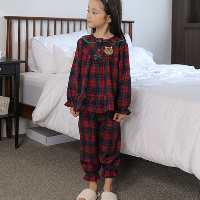 Korean Girl's Christmas Red Plaid Pajama Set