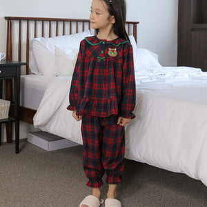 Korean Girl's Christmas Red Plaid Pajama Set