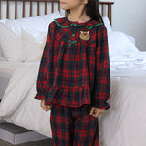 Korean Girl's Christmas Red Plaid Pajama Set