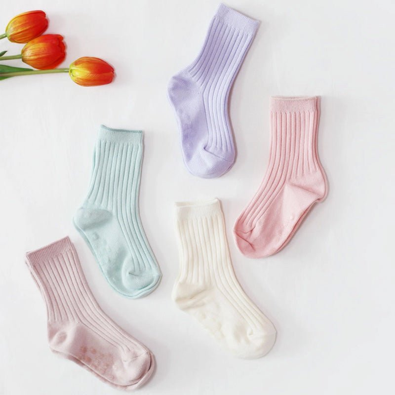 Korean Kids' Classic Ribbed Crew Socks 5-Pairs Set