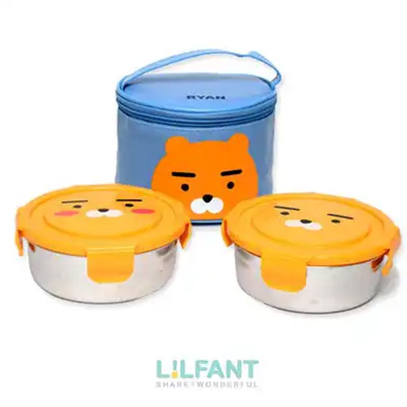 Kakao Friends Circular Stainless Steel 2-Layer Bento Box with Lunch Bag - Ryan