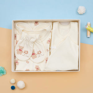 Korean Pretzel Bear Newborn Gift Set (Baby Hat, Kimono Top, Mittens, and Swaddle)