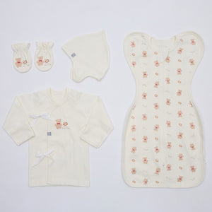 Korean Pretzel Bear Newborn Gift Set (Baby Hat, Kimono Top, Mittens, and Swaddle)