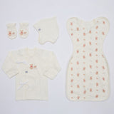 Korean Pretzel Bear Newborn Gift Set (Baby Hat, Kimono Top, Mittens, and Swaddle)