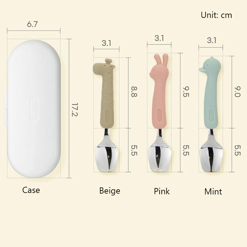 Edison Silicone Handle Stainless Steel Spoon Fork Set with Case -Animals (2+ Years Old)
