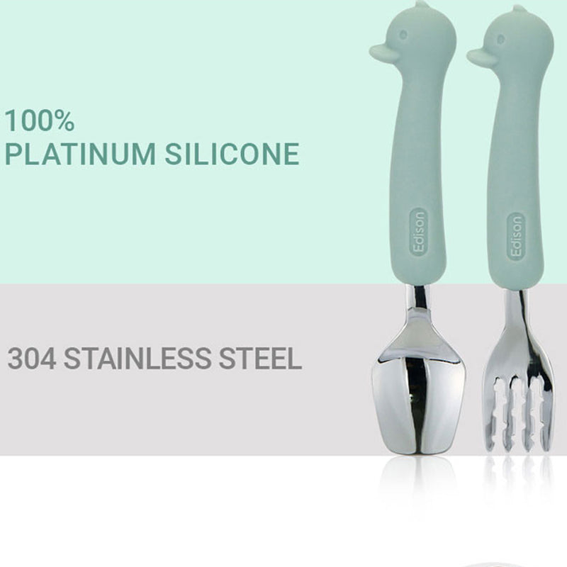 Edison Silicone Handle Stainless Steel Spoon Fork Set with Case -Animals (2+ Years Old)