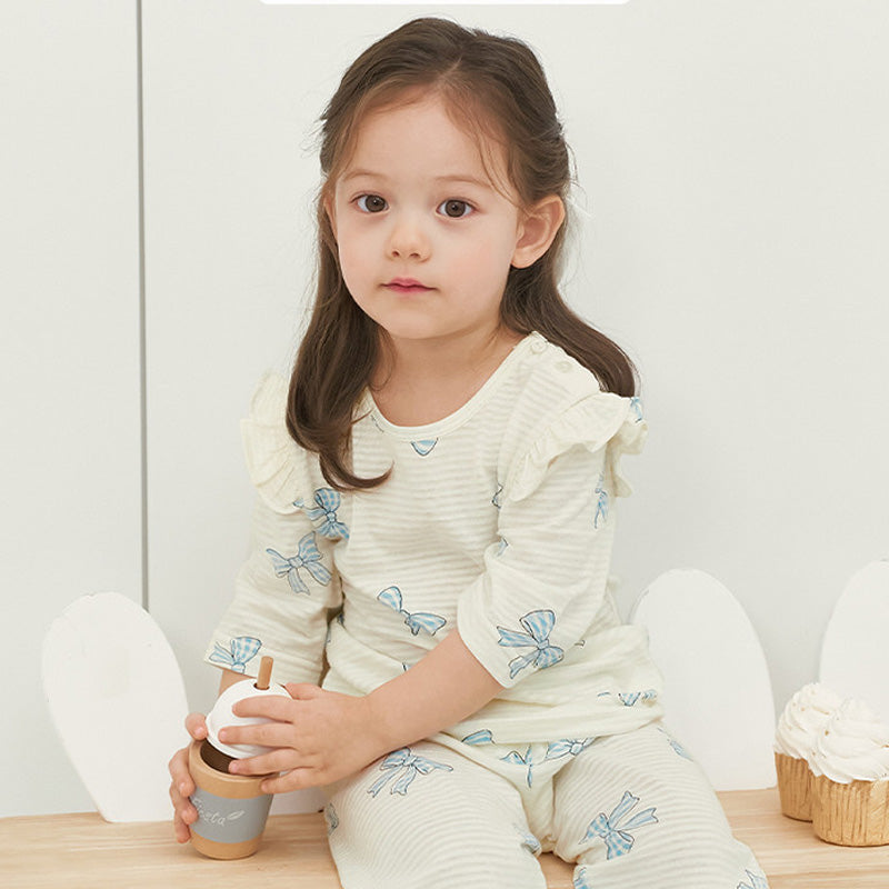 Korean Summer Short Shirt Pajamas Set-Blue Ribbon