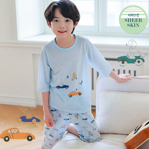 Kids Summer Short Shirt Cotton Cool Mesh Pajamas Set - Car Racing
