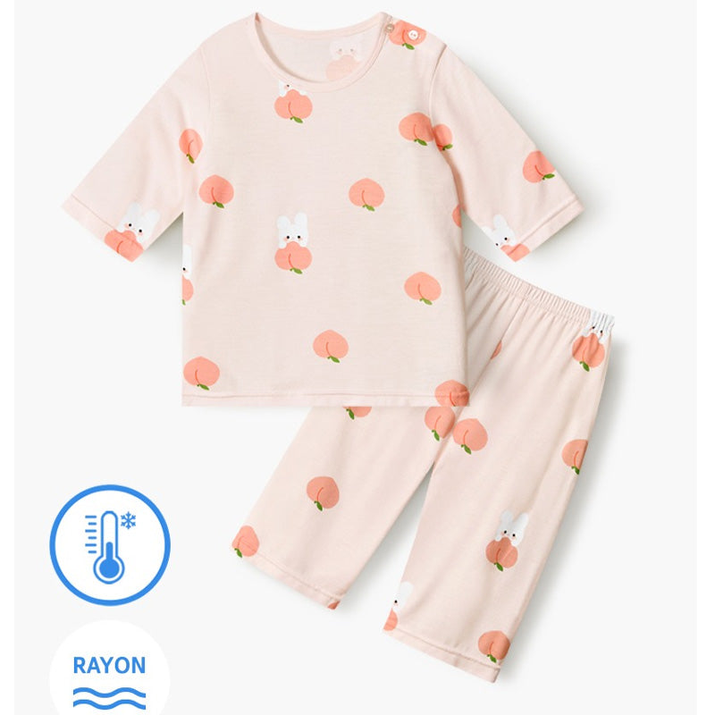 Korean Summer Short Shirt Pajamas Set-Peach Bunny