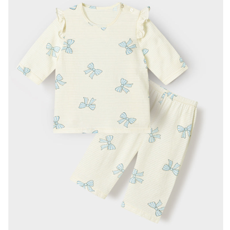 Korean Summer Short Shirt Pajamas Set-Blue Ribbon