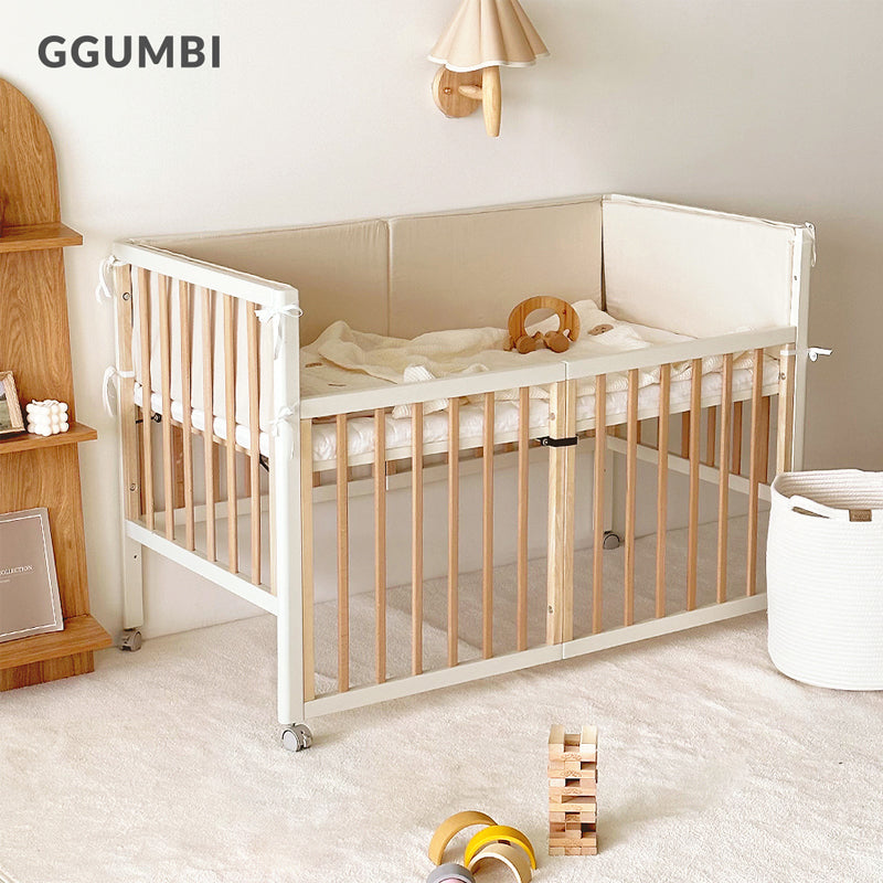 GGUMBI All Star Wood Baby Crib Full Set ( Baby Crib + Mattress + Cushion  Guard 3P + Water Proof Pad + Diaper Changing Table Set )