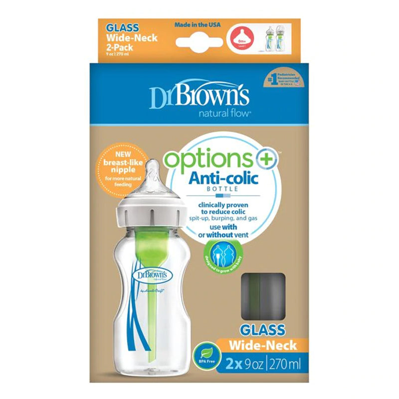 Dr. Brown's Natural Flow Anti-Colic Options+ Wide-Neck Baby Bottle, 9  oz/270 mL, Level 1 Nipple, 2-Pack, 0m+